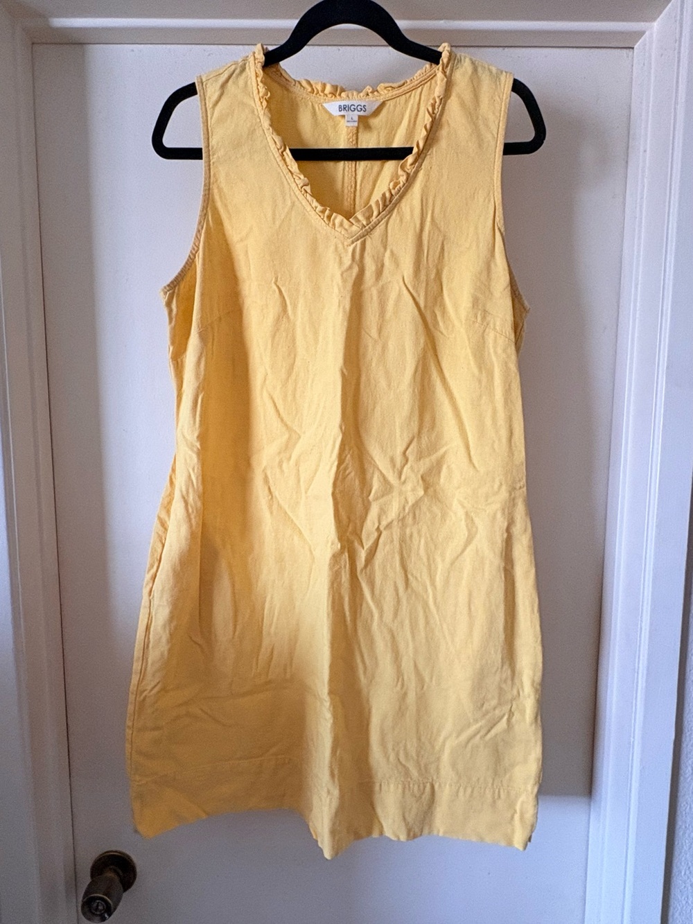 Briggs Yellow Linen Blend Ruffle V-Neck Sleeveless Shift Dress L Pockets